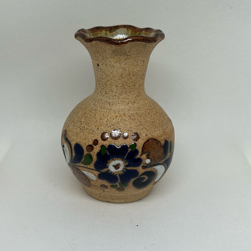Mexican Ceramic Tonala Vase Hand Painted Folk Art Pottery Approx 4”